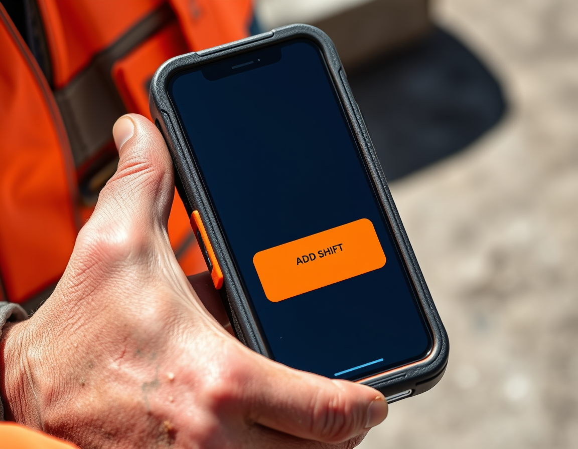 Smartphone with Work Hours app in rugged case